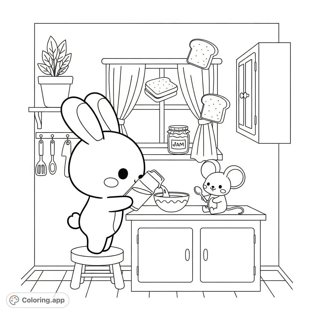 A delightful kawaii-style bunny and mouse share a whimsical breakfast moment in a cozy kitchen. Perfect for a calming coloring experience.