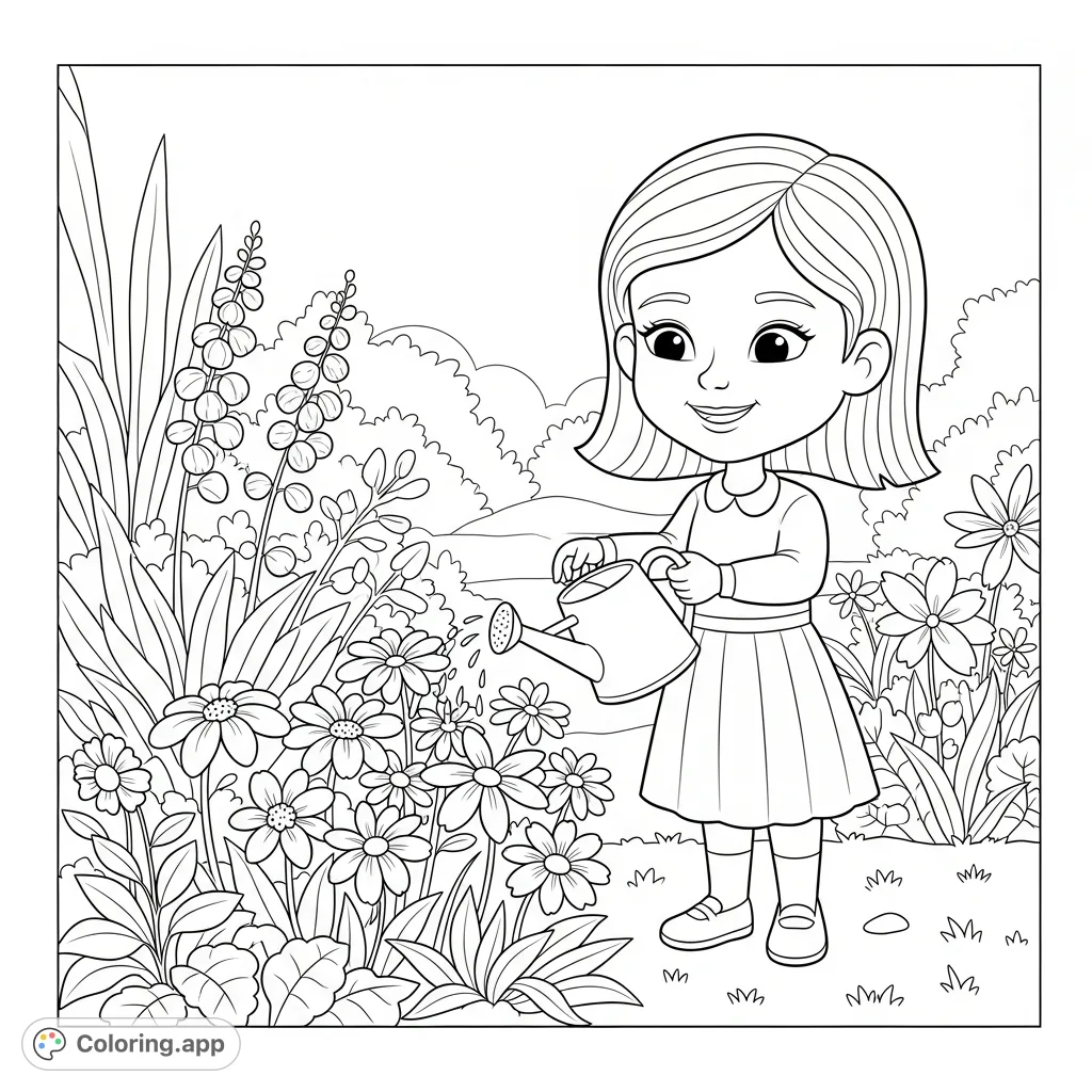 A cheerful girl with a cute, oversized head happily waters a vibrant garden filled with blooming flowers and lush foliage. A cozy and detailed scene for creative coloring.