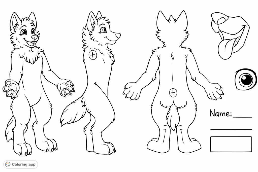 Detailed furry character base with front, side, back views, and close-ups of features. Perfect for customizing your own anthropomorphic canine design.