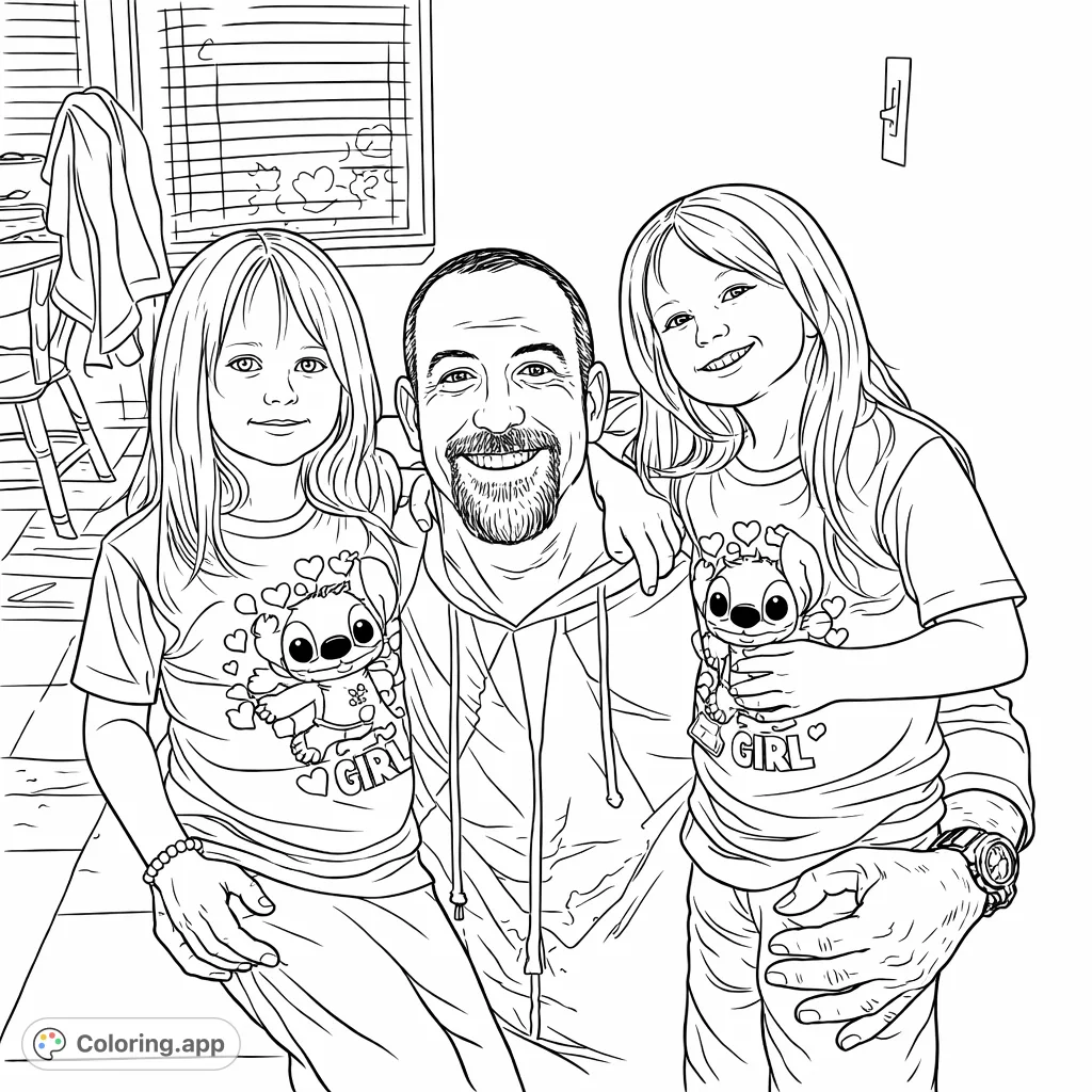 Capture a heartwarming family moment featuring a man embracing two cheerful girls. Their smiles and shared joy make this a delightful family coloring page.