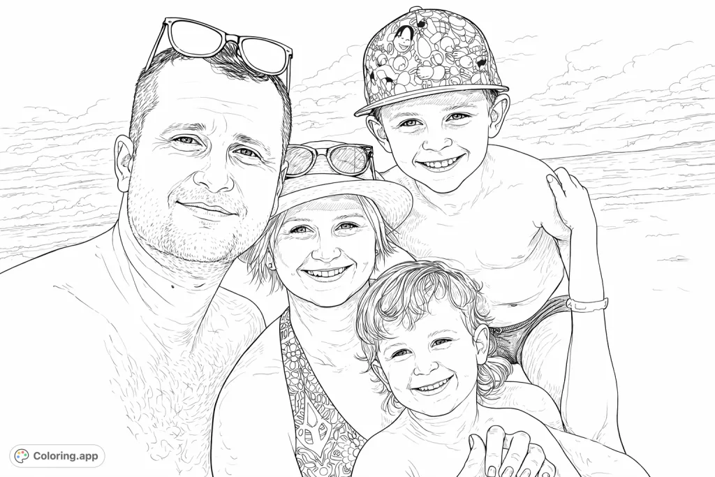 A joyful family of four, including two adults and two children, smiling broadly together on a bright beach, ready for a fun coloring adventure.