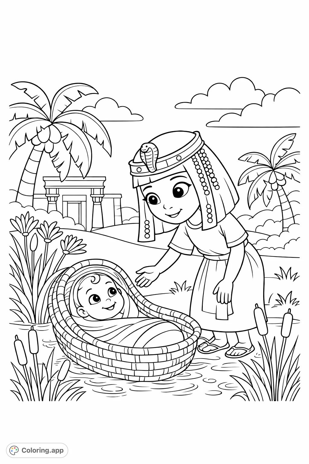 A heartwarming ancient Egyptian scene with a kind princess discovering a baby in a basket among river reeds and palm trees. Perfect for historical tales.