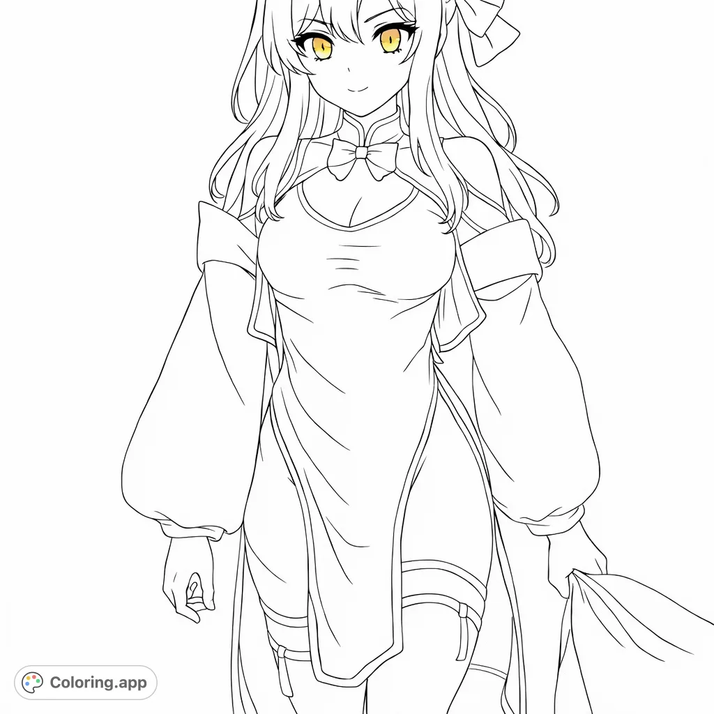 An anime-inspired character coloring page featuring a chic, mysterious figure in a detailed suit with unique accessories. A perfect free printable coloring page for teens.