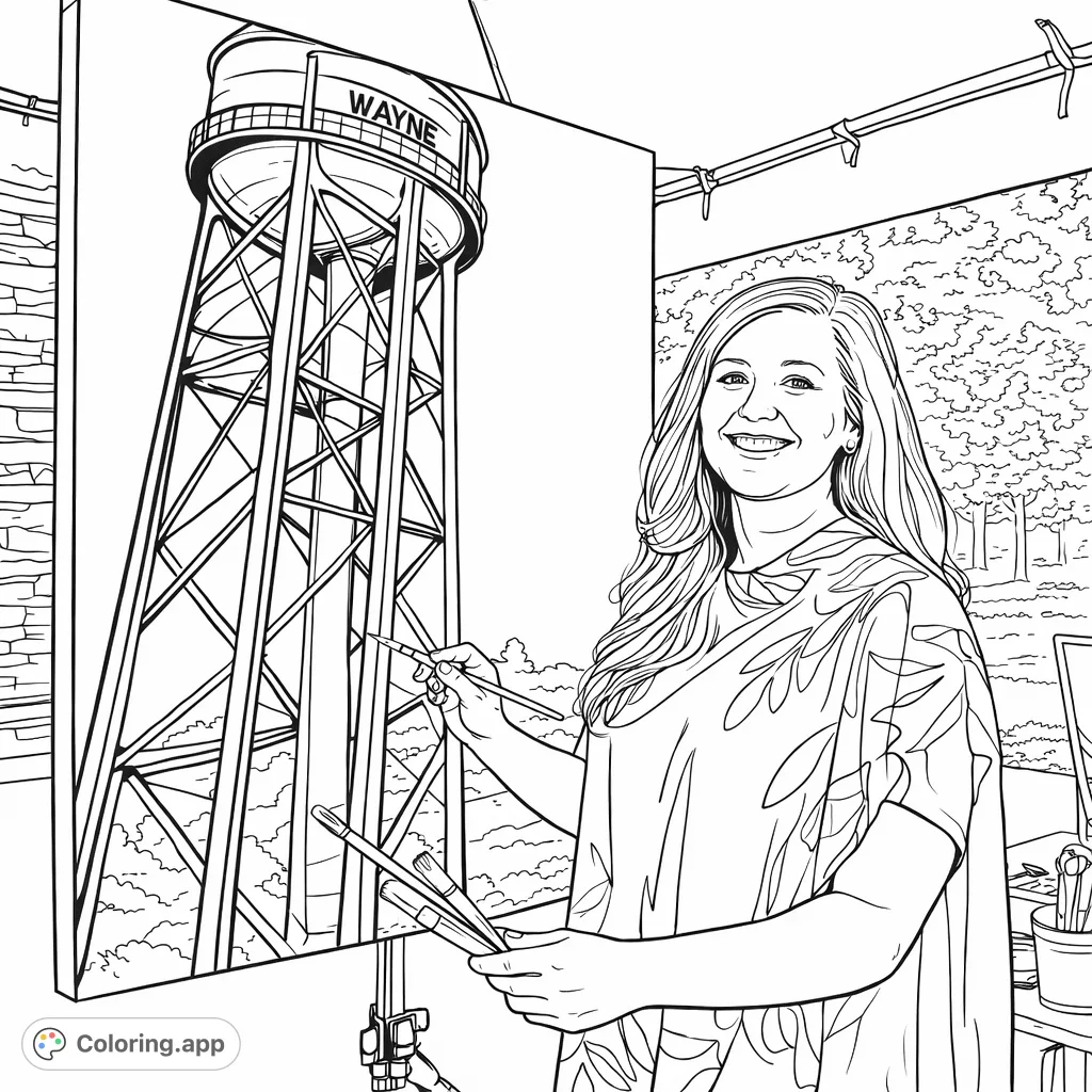 A vibrant scene features a smiling artist intently painting a grand water tower on a canvas, surrounded by a peaceful outdoor setting. Perfect for creative minds!