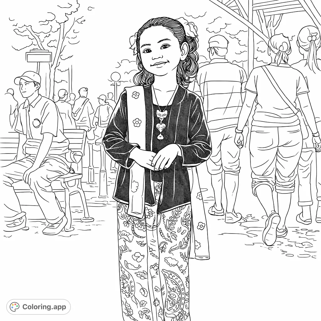 A beautiful traditional attire young girl coloring page, featuring intricate patterns and a graceful pose, perfect for cultural exploration and detailed coloring.