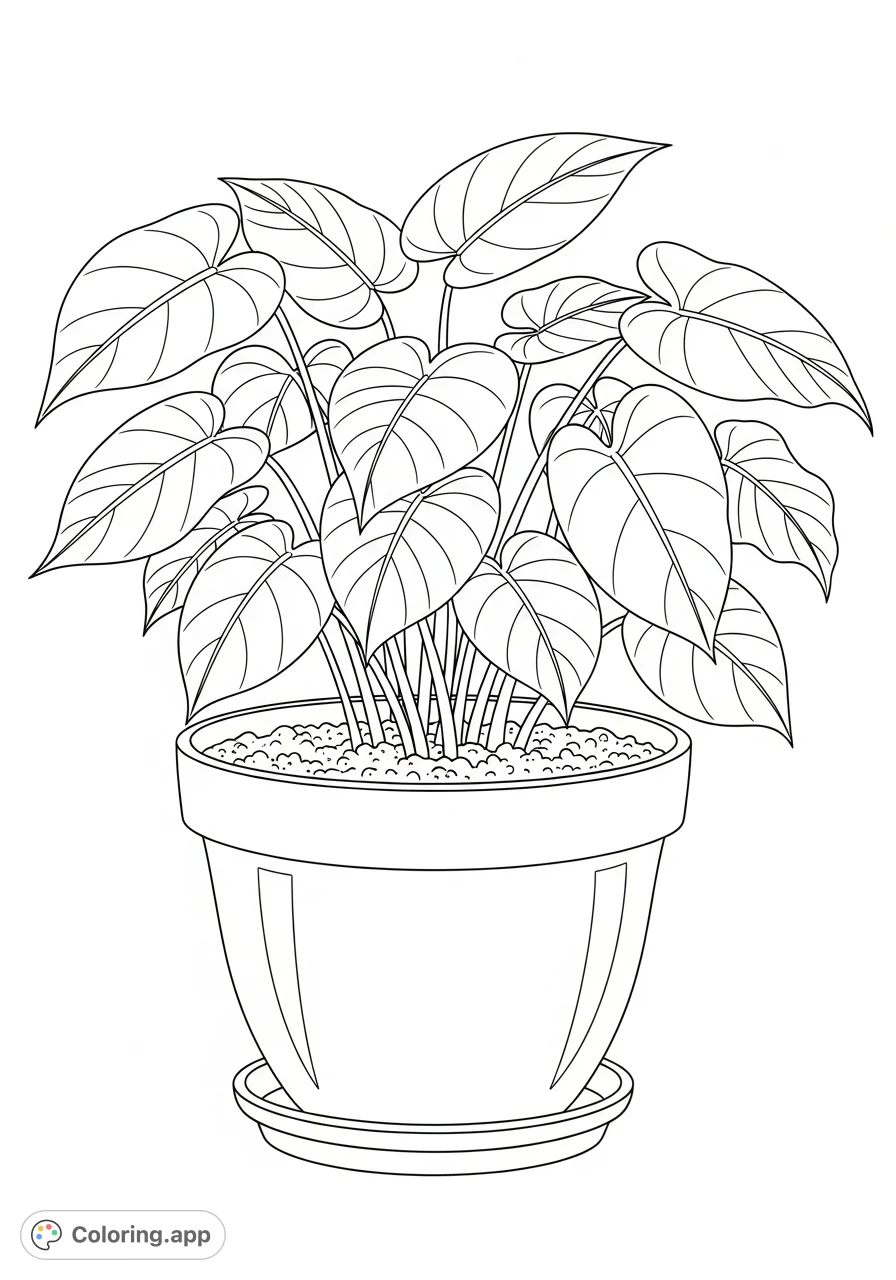 Discover a beautiful pot plant coloring page, perfect for all ages. Features intricate leaves, a textured pot, and a serene botanical scene.