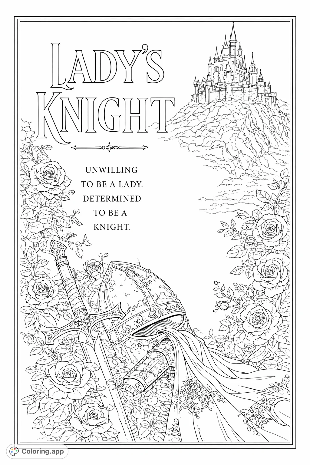 An intricate fantasy coloring page featuring a majestic castle on a cliff, surrounded by climbing roses, a knight's sword, and helmet. Perfect for detailed coloring.