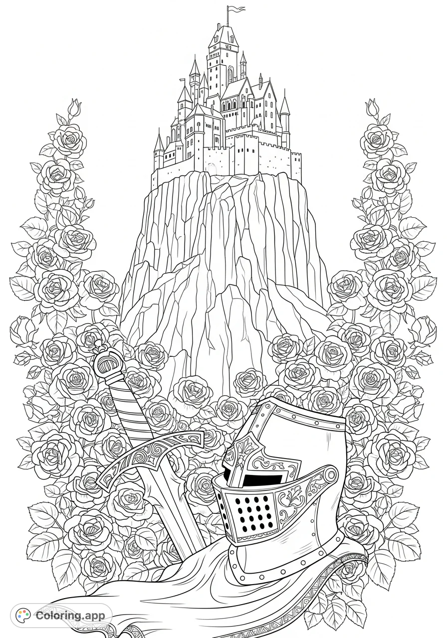 Discover a majestic medieval castle perched on a rugged cliff, surrounded by intricate climbing roses. Features an ornate sword, knight's helmet, and draped fabric.