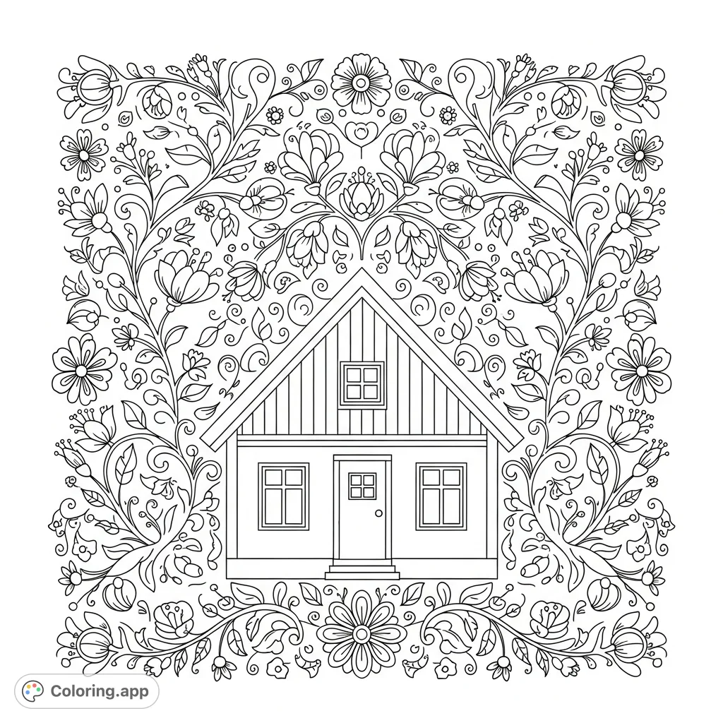 A charming Nordic folk art cottage surrounded by intricate, stylized flowers and leaves, inspired by vintage embroidery. A delightful free printable coloring page.