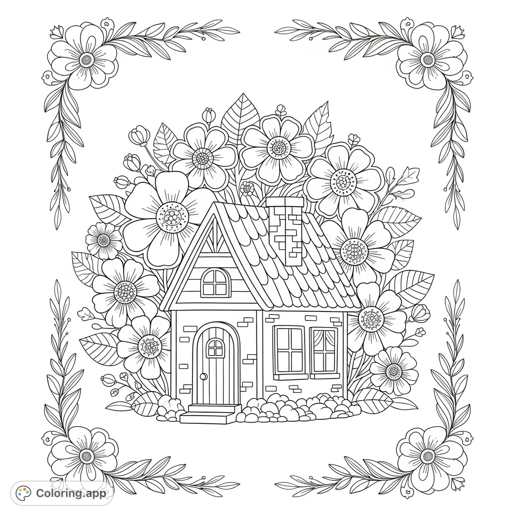 A charming, whimsical cottage nestled among large, decorative folk flowers and leaves, all framed within a beautiful ornamental border. A delightful storybook scene.
