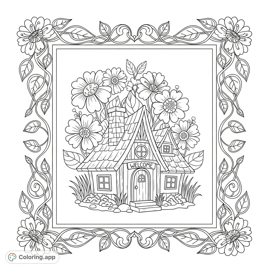 A charming, storybook-style whimsical cottage surrounded by intricate folk flowers and leaves, all contained within an elegant floral frame. Perfect for creative relaxation.