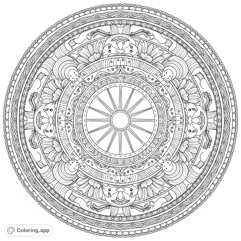 An intricate bohemian mandala featuring swirling patterns, floral motifs, celestial elements, and flowing textures, perfect for meditative coloring.