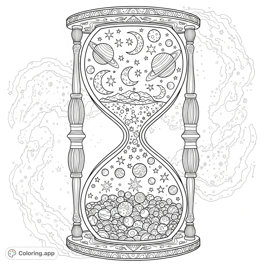 Explore the universe within an hourglass! This mesmerizing coloring page features a celestial timepiece filled with stars, planets, and moons, offering an intricate cosmic escape.