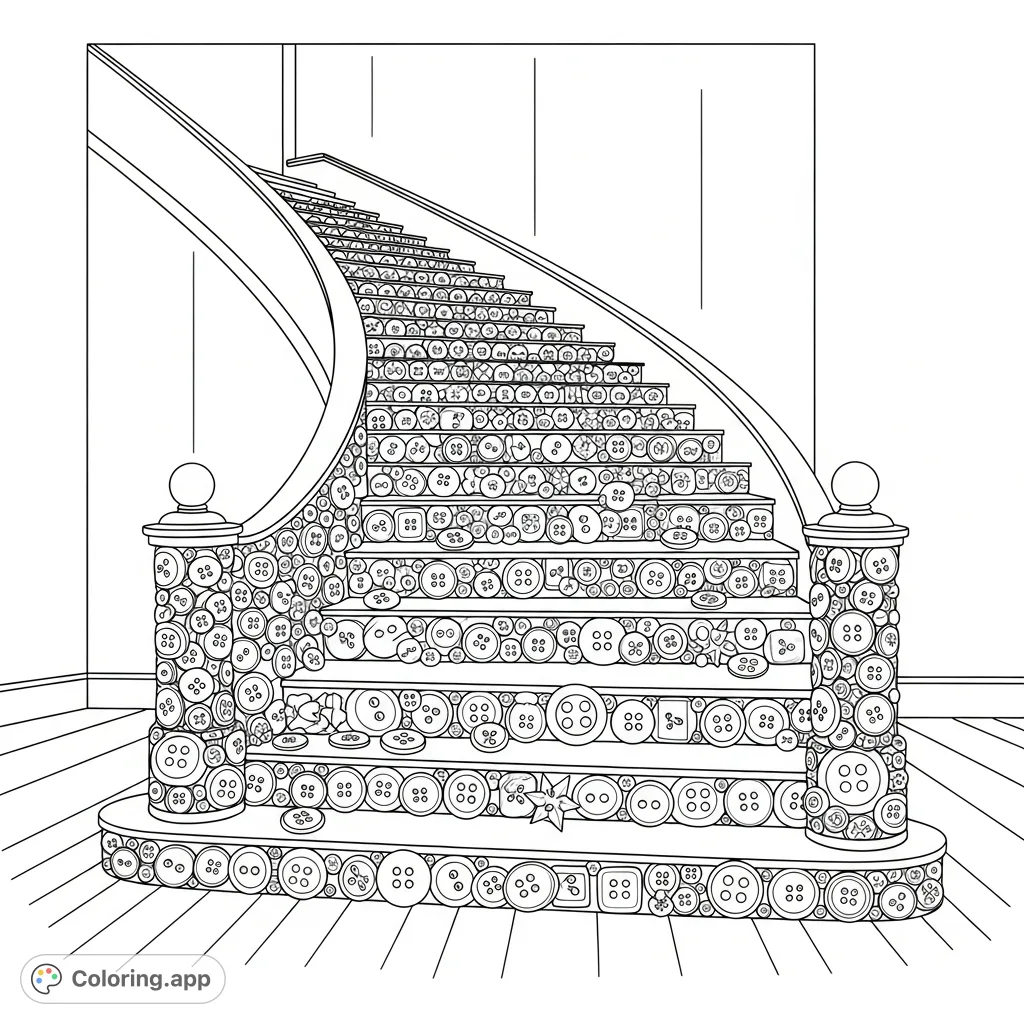 A unique coloring page featuring a grand staircase completely enveloped by a whimsical array of buttons. Explore intricate patterns and textures.