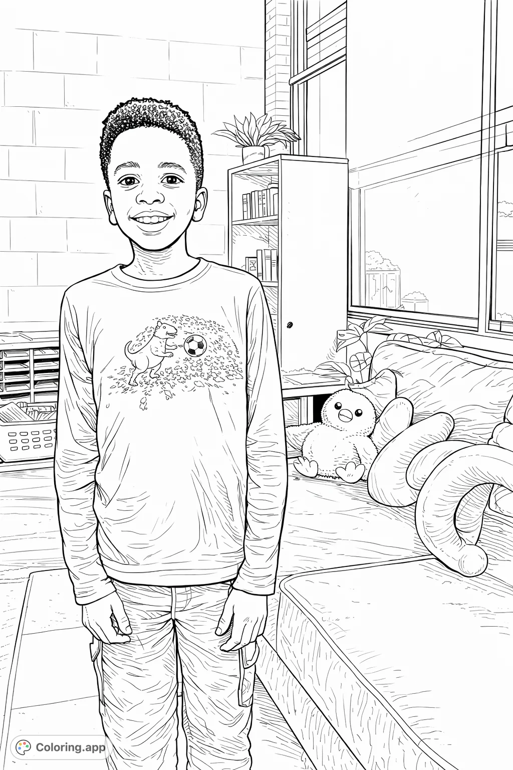 A cheerful boy stands wearing a shirt adorned with two playful dogs amidst leaf shapes. A cozy room background features a sofa, plush chicken, and letter pillows.