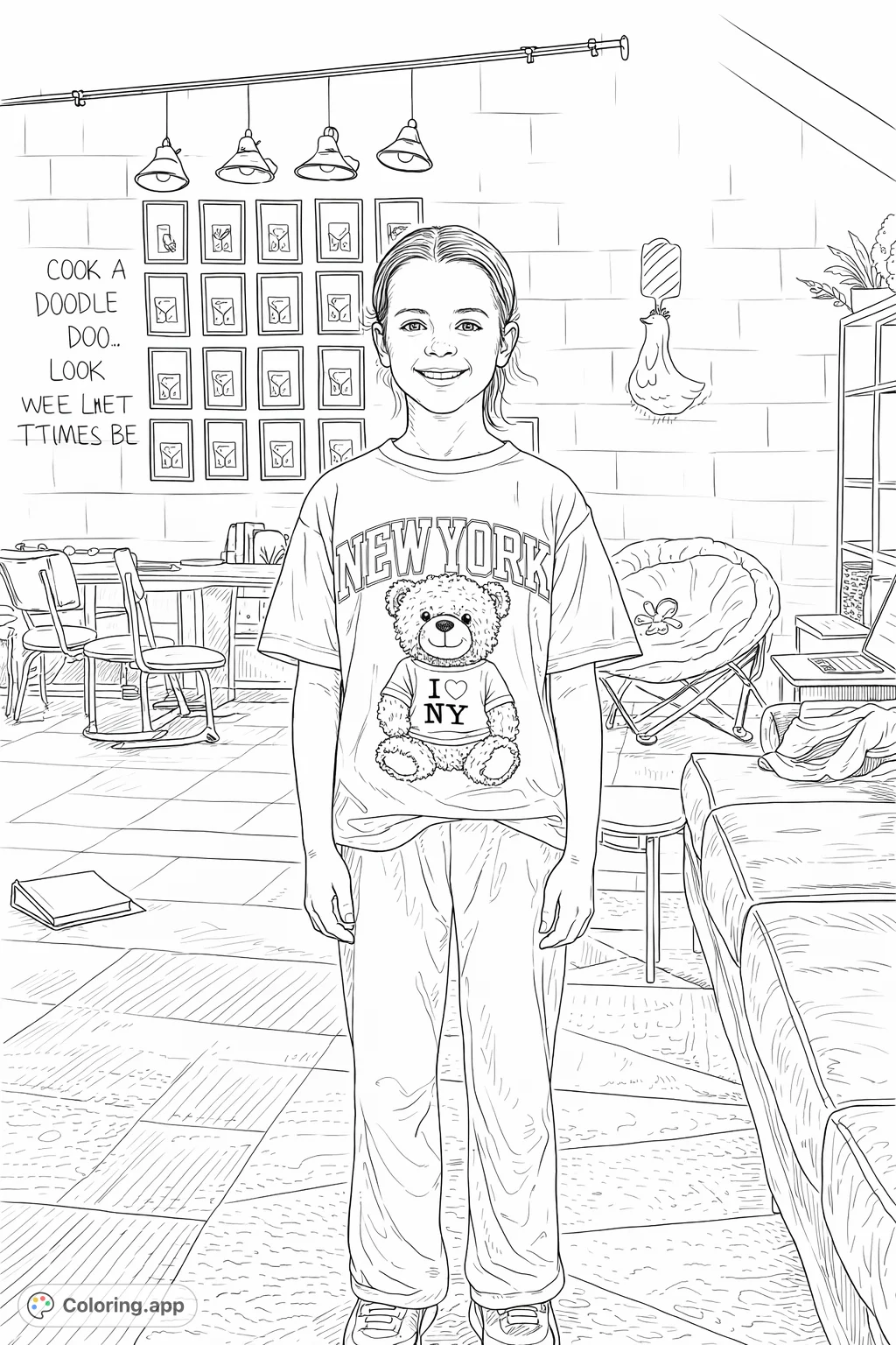 Color a cheerful girl wearing a 'New York' teddy bear shirt, standing amidst a creatively decorated room with framed art, playful decor, and patterned rugs. A detailed scene for engaging coloring fun.