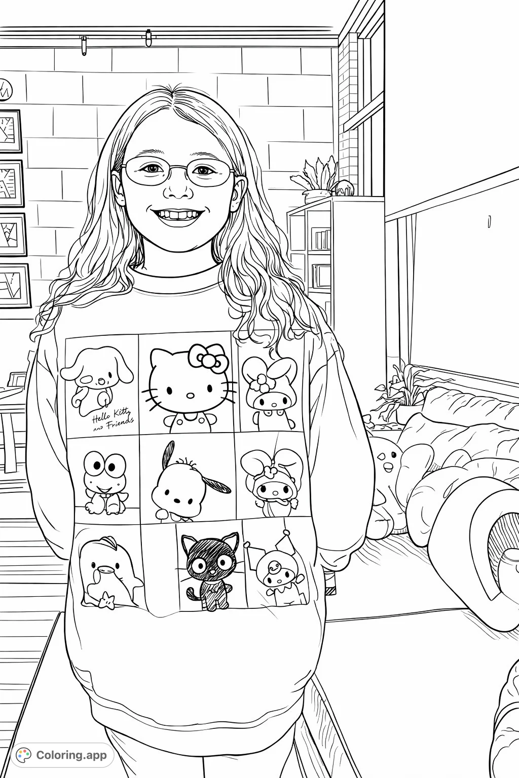 A delightful coloring page featuring a grid of beloved Sanrio characters like Hello Kitty, Cinnamoroll, and Kuromi, ready for creative coloring fun!