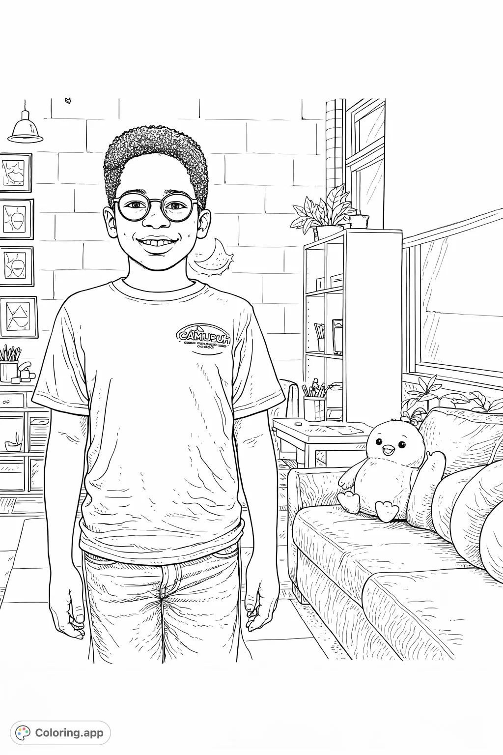 A charming free printable boy coloring page featuring a smiling child with glasses, surrounded by detailed room elements like a couch, plush toy, and framed art.