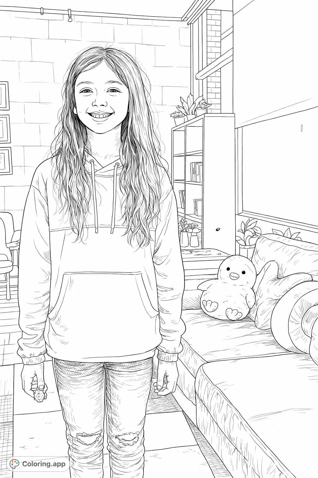 A charming girl stands casually next to a comfy couch with a plush chick and decorative pillows, offering a delightful scene for creative coloring.