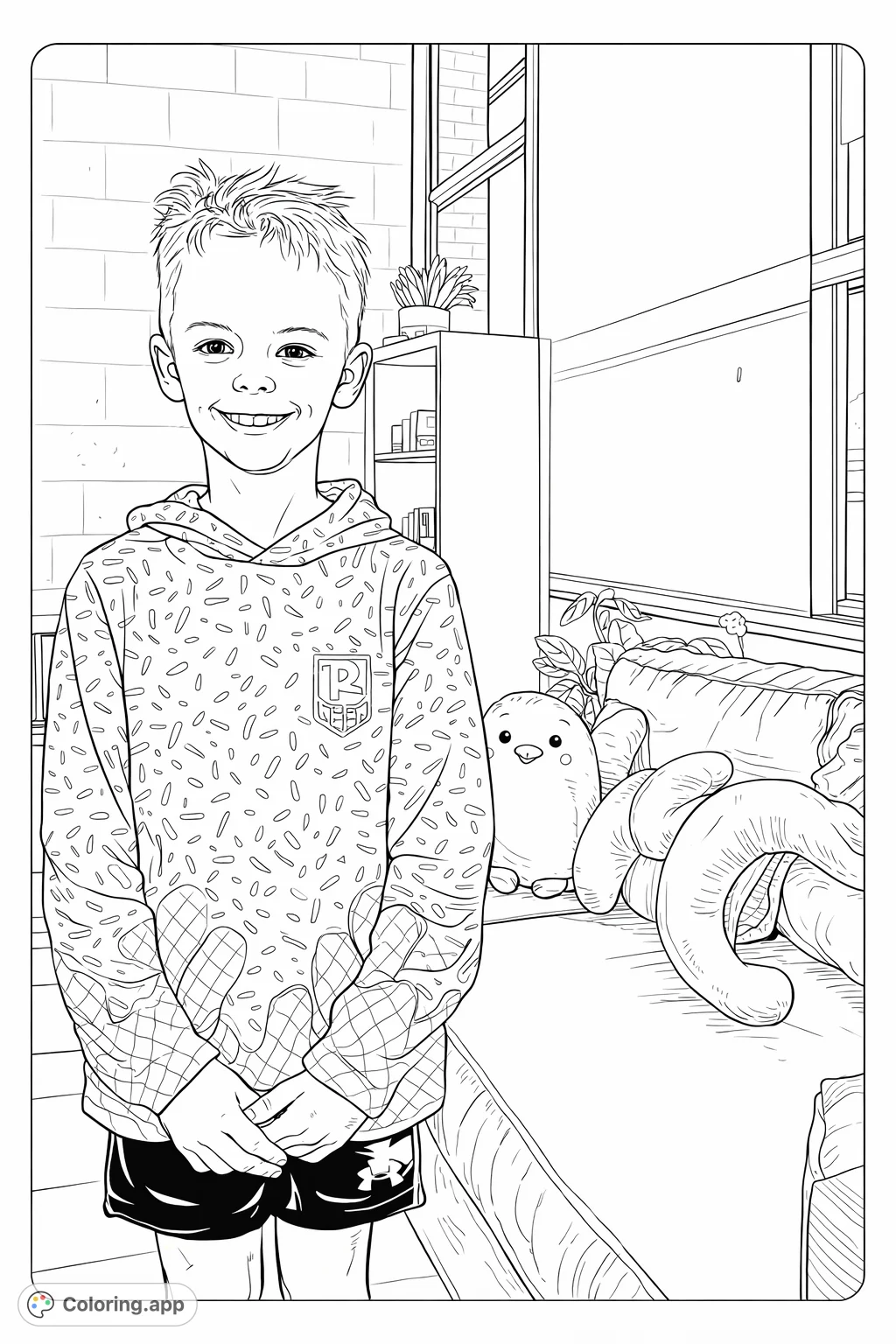 A cheerful boy in a unique sprinkle and waffle cone patterned hoodie, perfect for imaginative coloring. Explore fun designs and playful details.