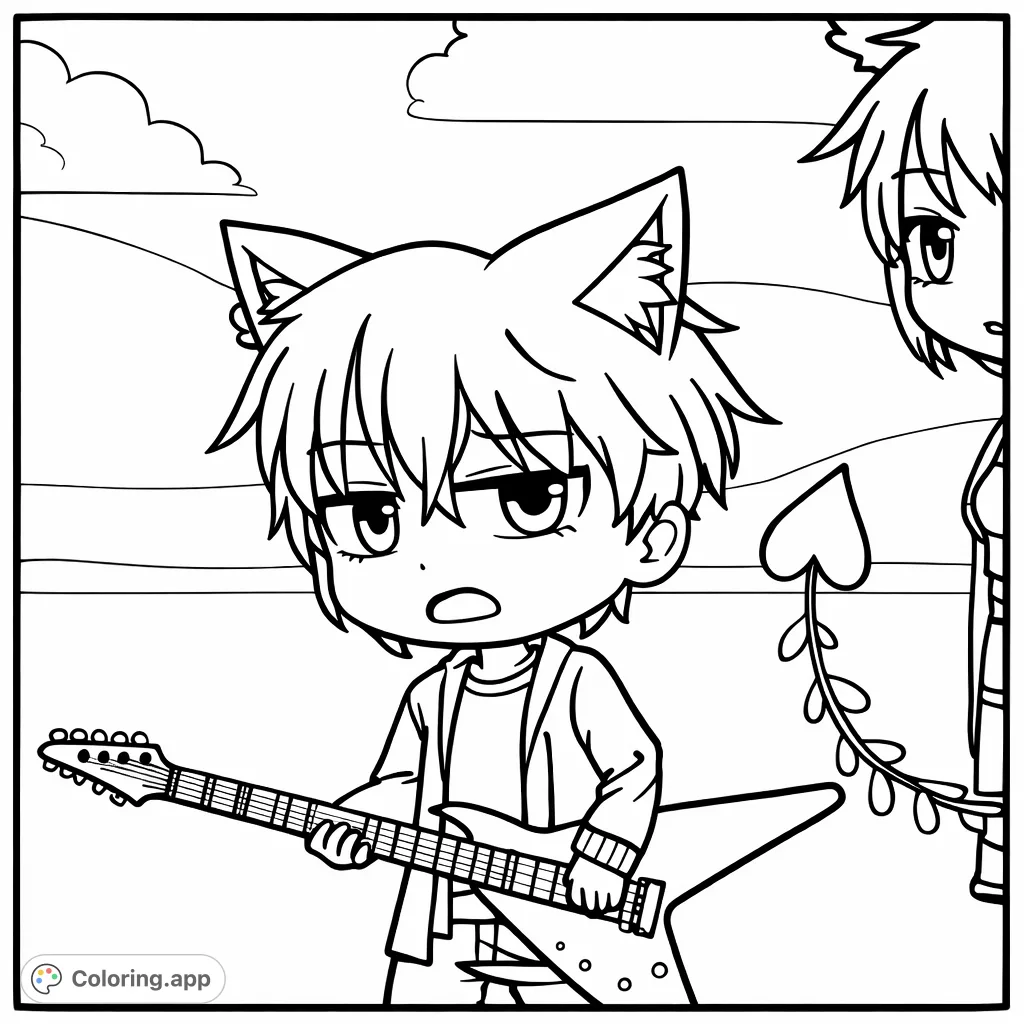 Color a Gacha character with animal ears and a V-shaped guitar, conveying a pensive mood, accompanied by a friend in a serene landscape.