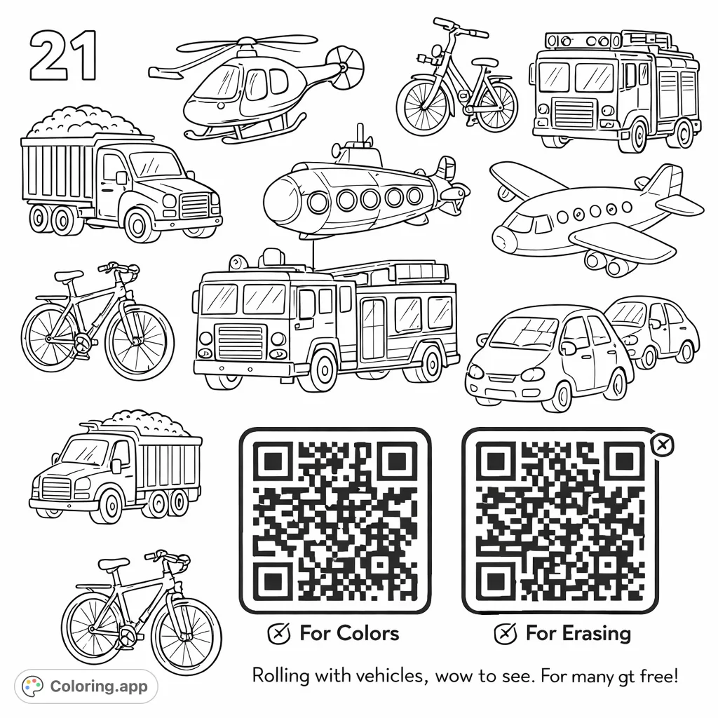 Explore a fun collection of vehicles! This coloring page features trucks, planes, submarines, and more for endless creative possibilities.