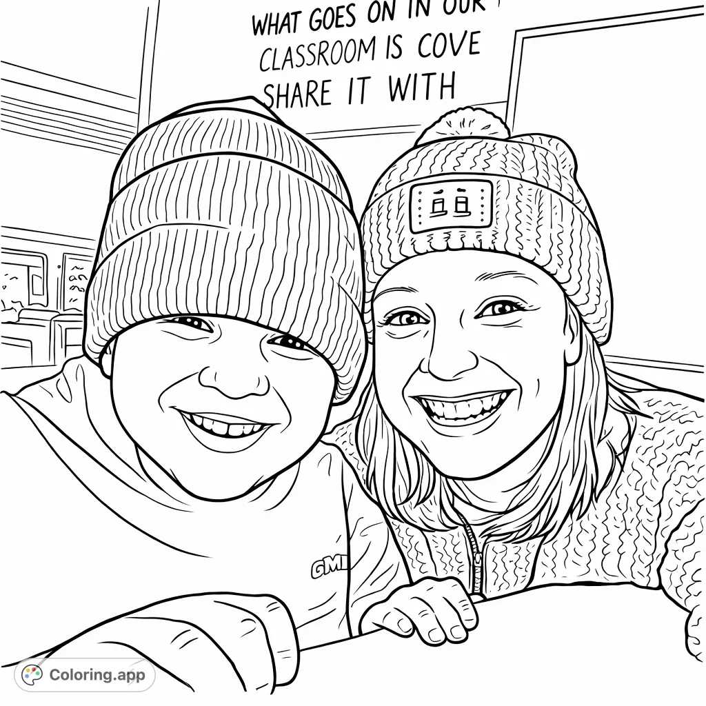 Capture the warmth of a classroom moment with this happy duo coloring page, featuring two smiling individuals in hats and a charming background.