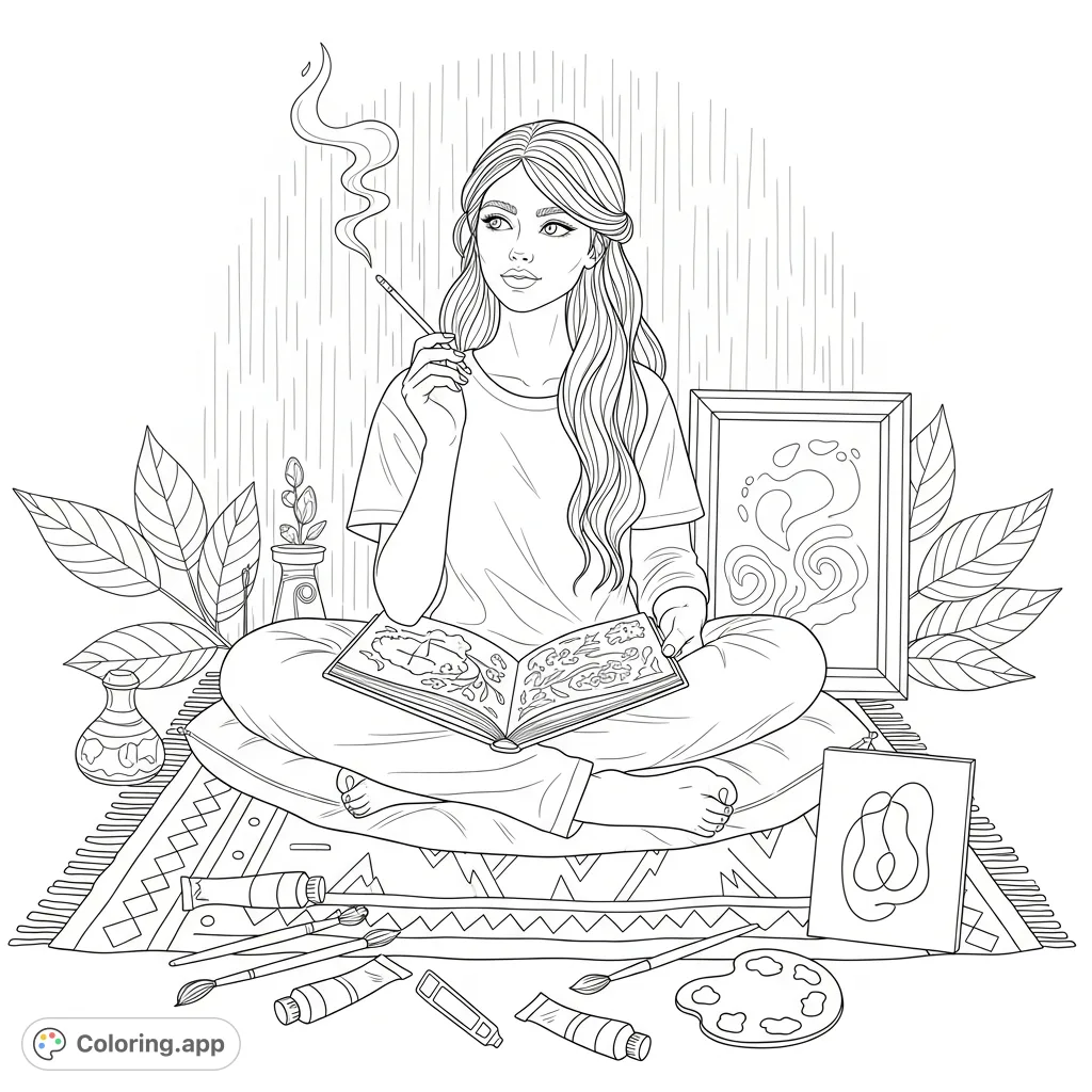 Unwind with this artistic girl coloring page, featuring a serene artist surrounded by creative tools and subtle, stylized motifs. A free printable adult coloring page.