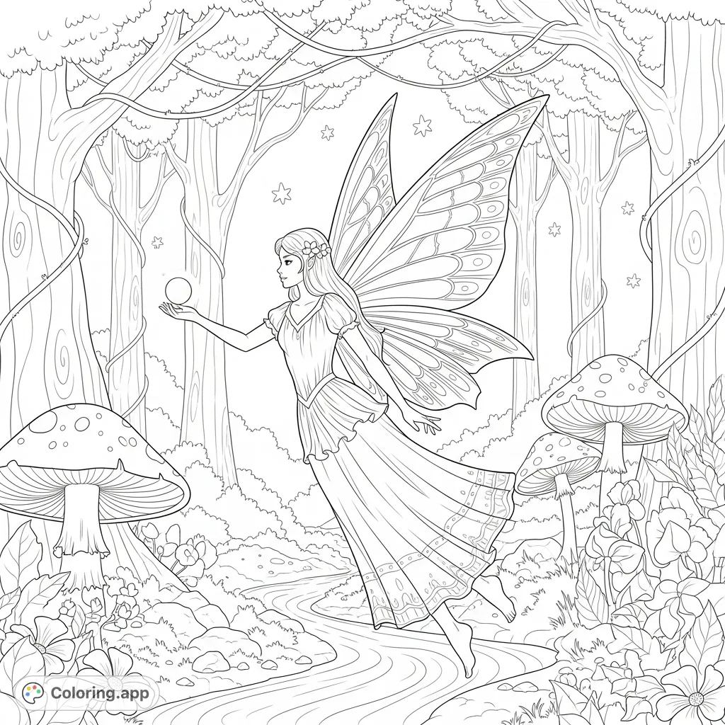 Discover a beautiful fairy soaring through an enchanted forest. This delightful scene features delicate wings, a flowing dress, and whimsical flora. Perfect for fantasy lovers!