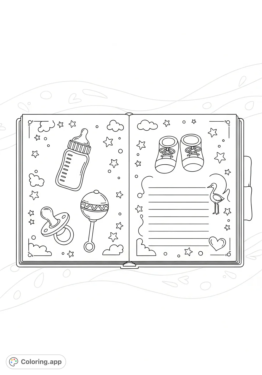 A serene pregnancy journal coloring page featuring open pages with baby items, decorative patterns, and space for personal thoughts. Perfect for expectant mothers.