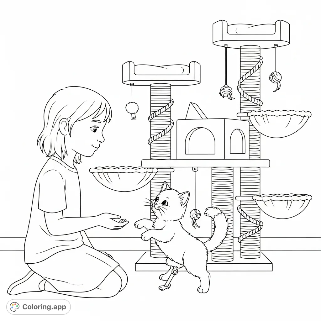 A heartwarming kitten coloring page featuring Willow and Cuddles, a playful kitten with a limp, surrounded by a fun cat tree in a cozy indoor scene.
