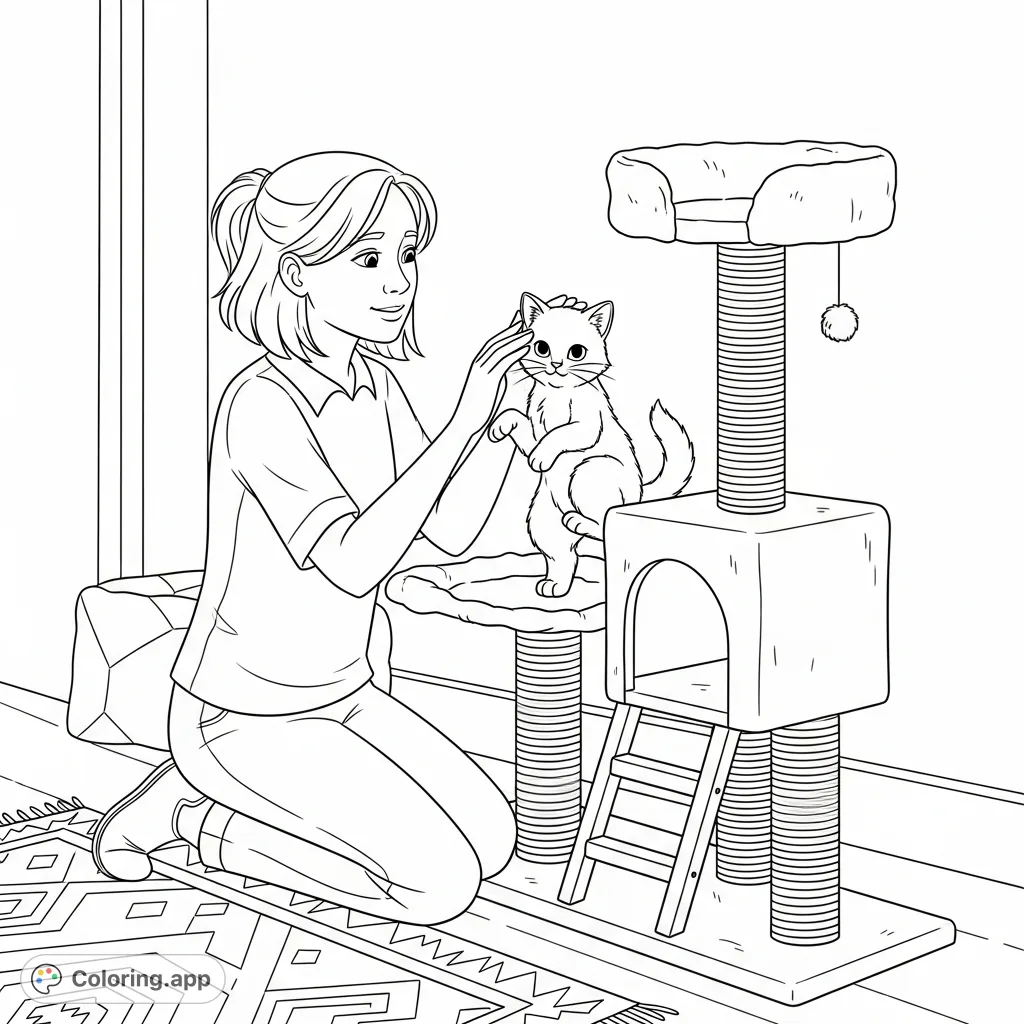 A heartwarming free printable kitten coloring page showing Willow gently interacting with Cuddles on a cat tree, highlighting their bond and Cuddles' playful spirit.