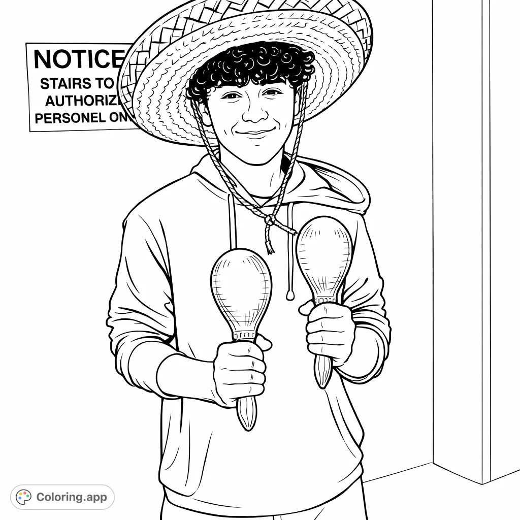 A festive coloring page featuring a young person in a sombrero, holding maracas. Celebrate music and culture with this fun, engaging design!