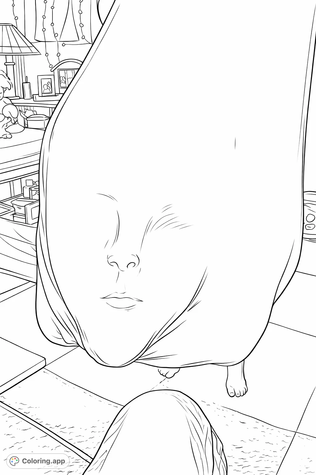 Explore an intriguing abstract coloring page featuring a subtle face pressed against stretched fabric, inviting creative interpretation and shading.