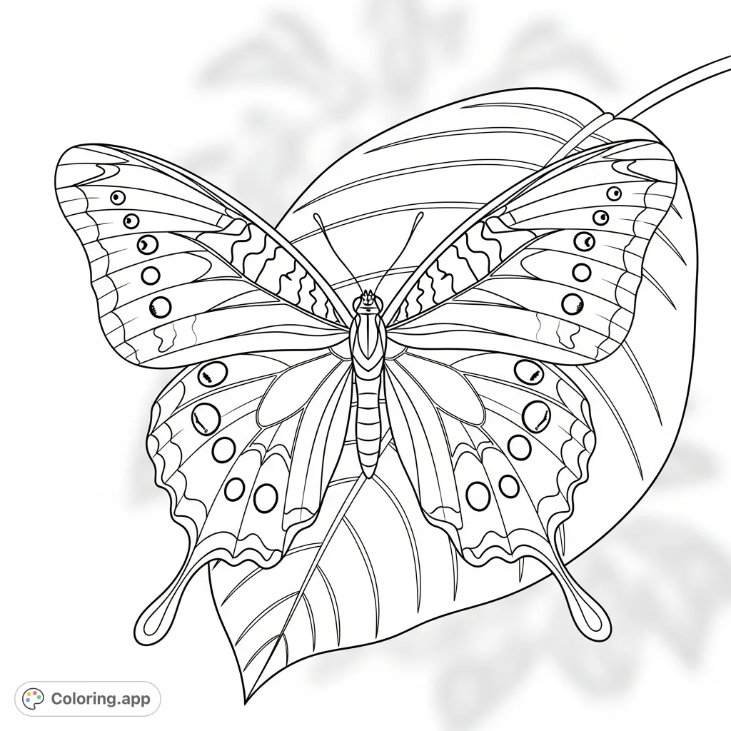 Discover a magnificent butterfly with grand, patterned wings gracefully resting on a broad leaf. A captivating nature scene for relaxation and creative expression.