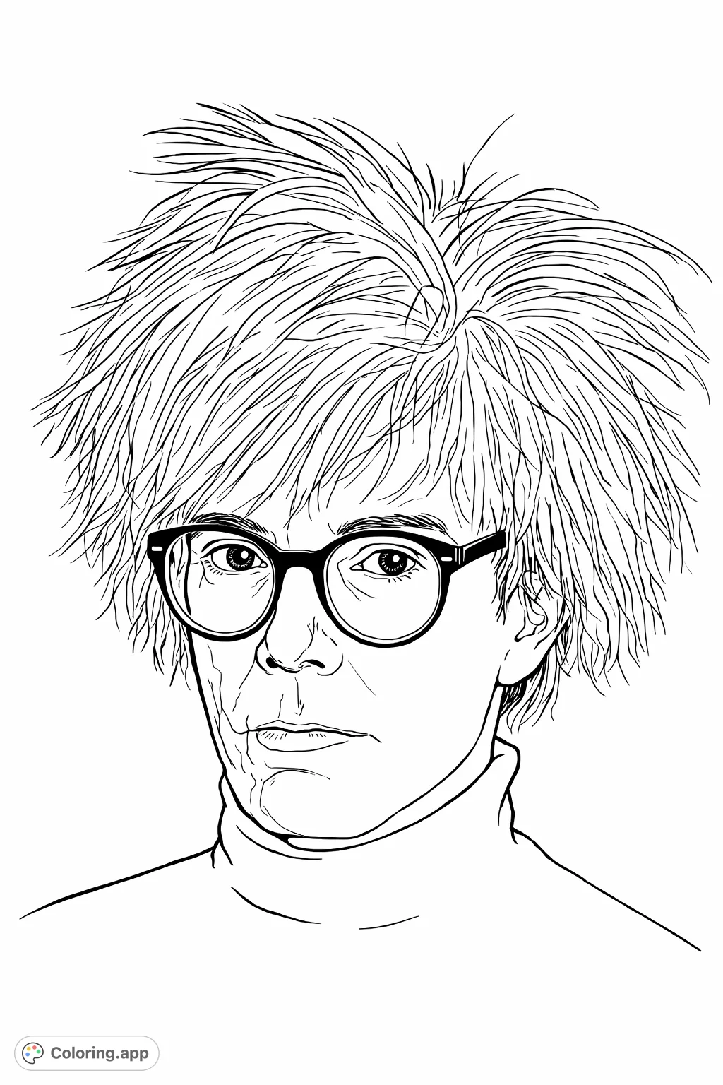 Capture the essence of an iconic artist with this portrait coloring page. Featuring his signature hairstyle and distinctive eyewear for creative expression.