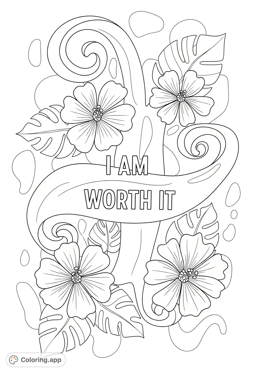 An elegant tropical flower coloring page with intertwining scrolls and the empowering quote "I am worth it." Relaxing line art for self-care.