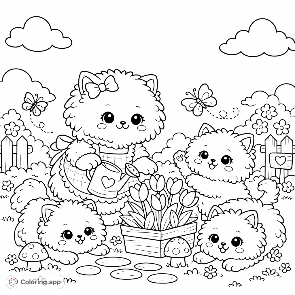 Adorable fluffy kittens tend a garden, water flowers, and play amidst mushrooms and butterflies. A charming and simple scene for young artists.