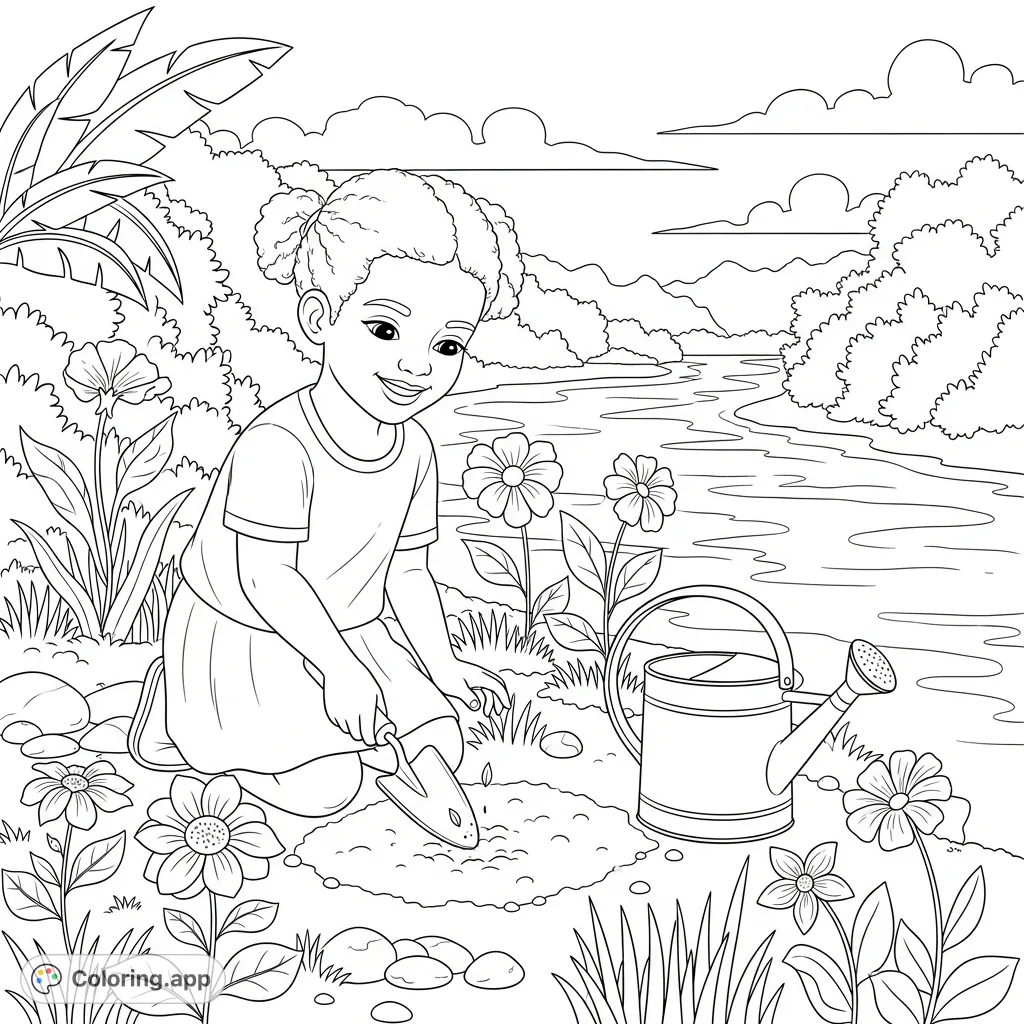 A happy little Black girl plants seeds by a beautiful Belizean river, surrounded by flowers and nature. Perfect for inspiring love of gardening and the outdoors!