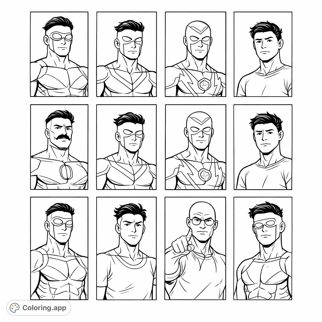 Explore a dynamic grid of diverse superhero character portraits, each with unique features and costumes, ready for imaginative coloring.