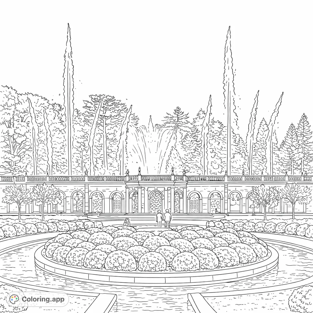 Explore a majestic garden with grand architectural fountains, intricate balustrades, and sculpted hedges, offering a sophisticated coloring experience.