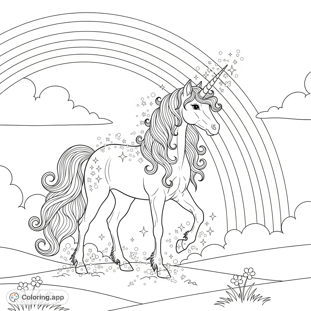 An enchanting fantasy unicorn coloring page featuring a majestic unicorn surrounded by a sparkling rainbow and ethereal dust. A magical free printable coloring page.