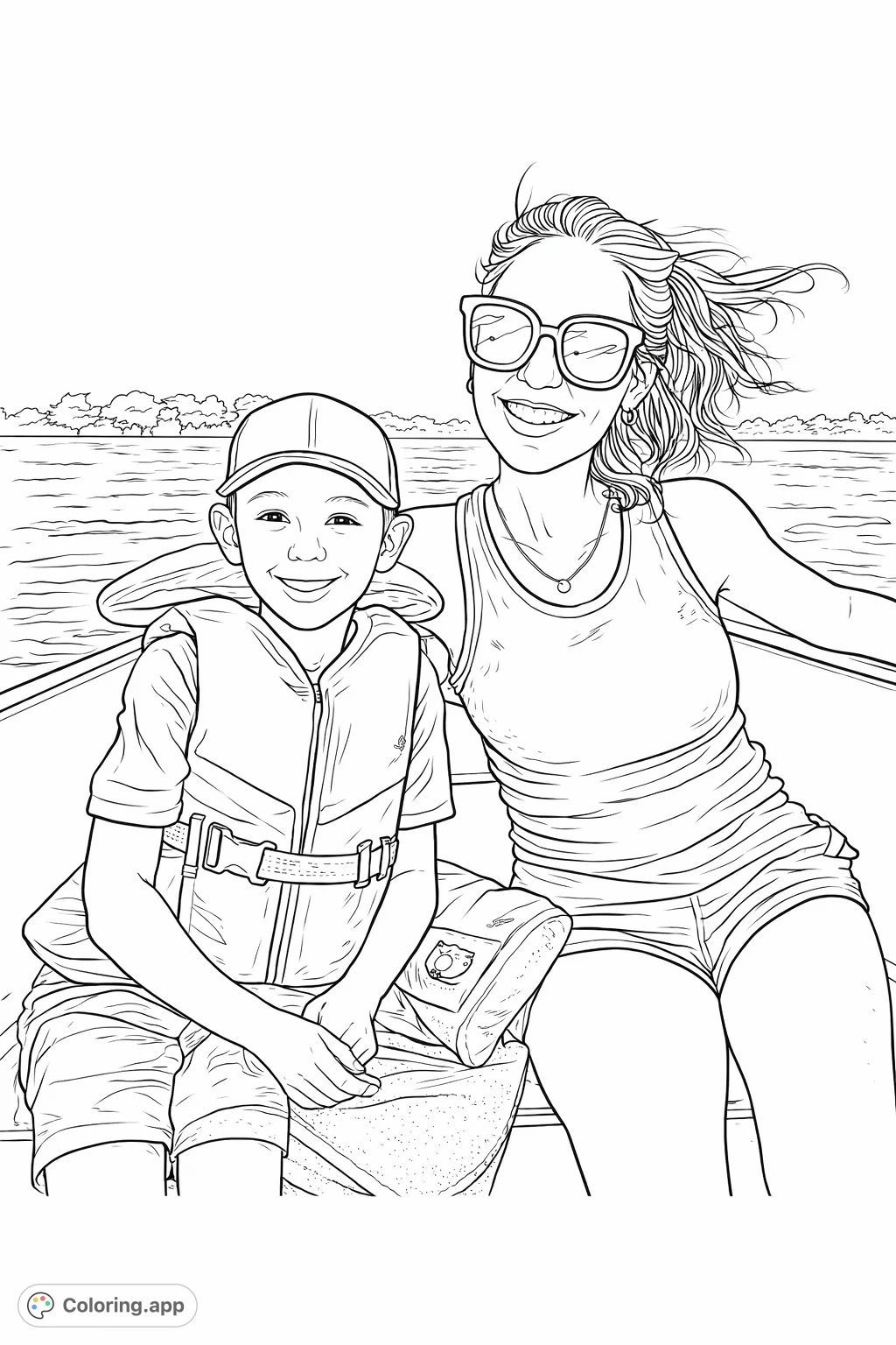 Join a cheerful mother and son on their boat adventure! This family boating coloring page captures a joyful moment on the water under a clear sky, perfect for all ages.