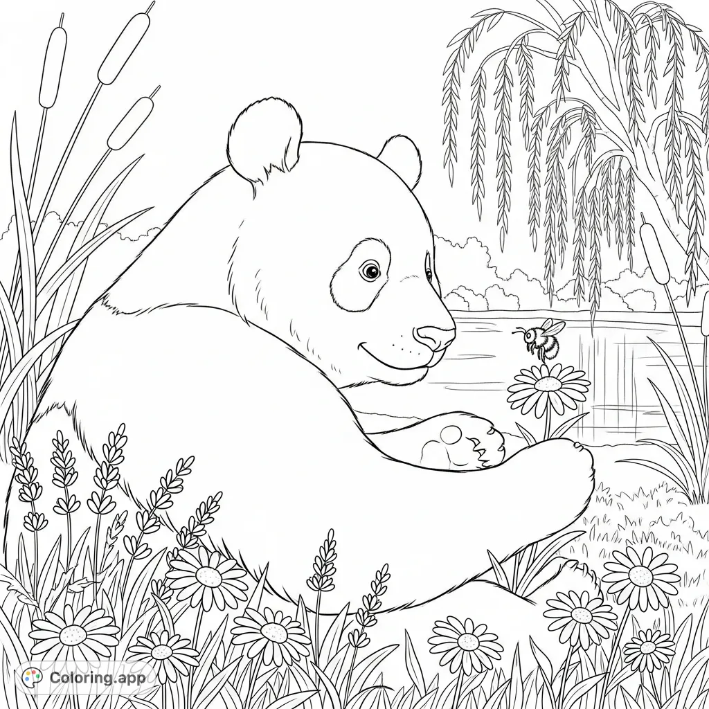 Discover a charming panda playing with a bumblebee in a serene garden. This delightful scene features lush flowers, a shimmering pond, and a graceful willow.