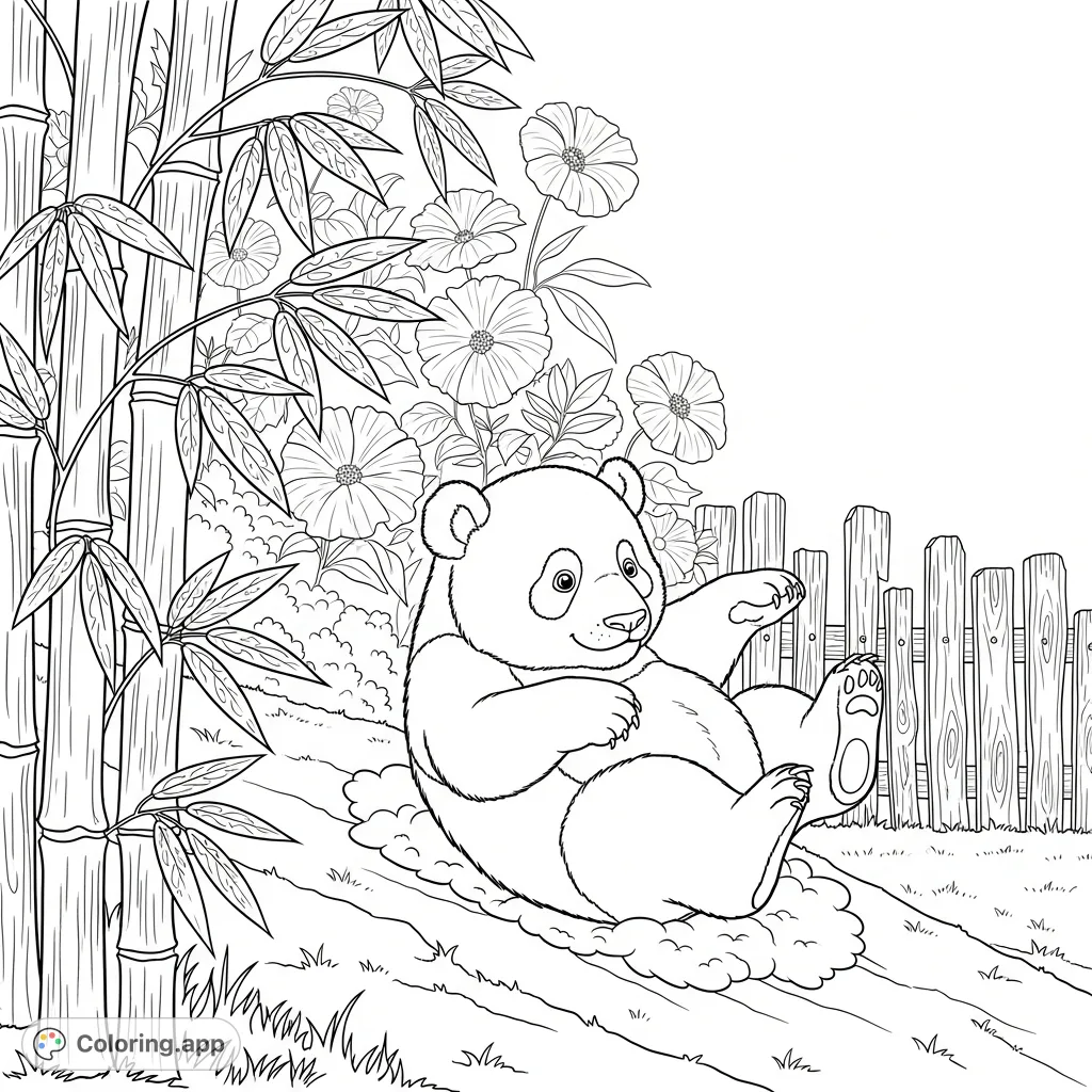 Capture the adorable moment of a plump panda cub tumbling down a grassy slope amidst lush bamboo, blossoms, and a weathered fence. A charming garden scene.