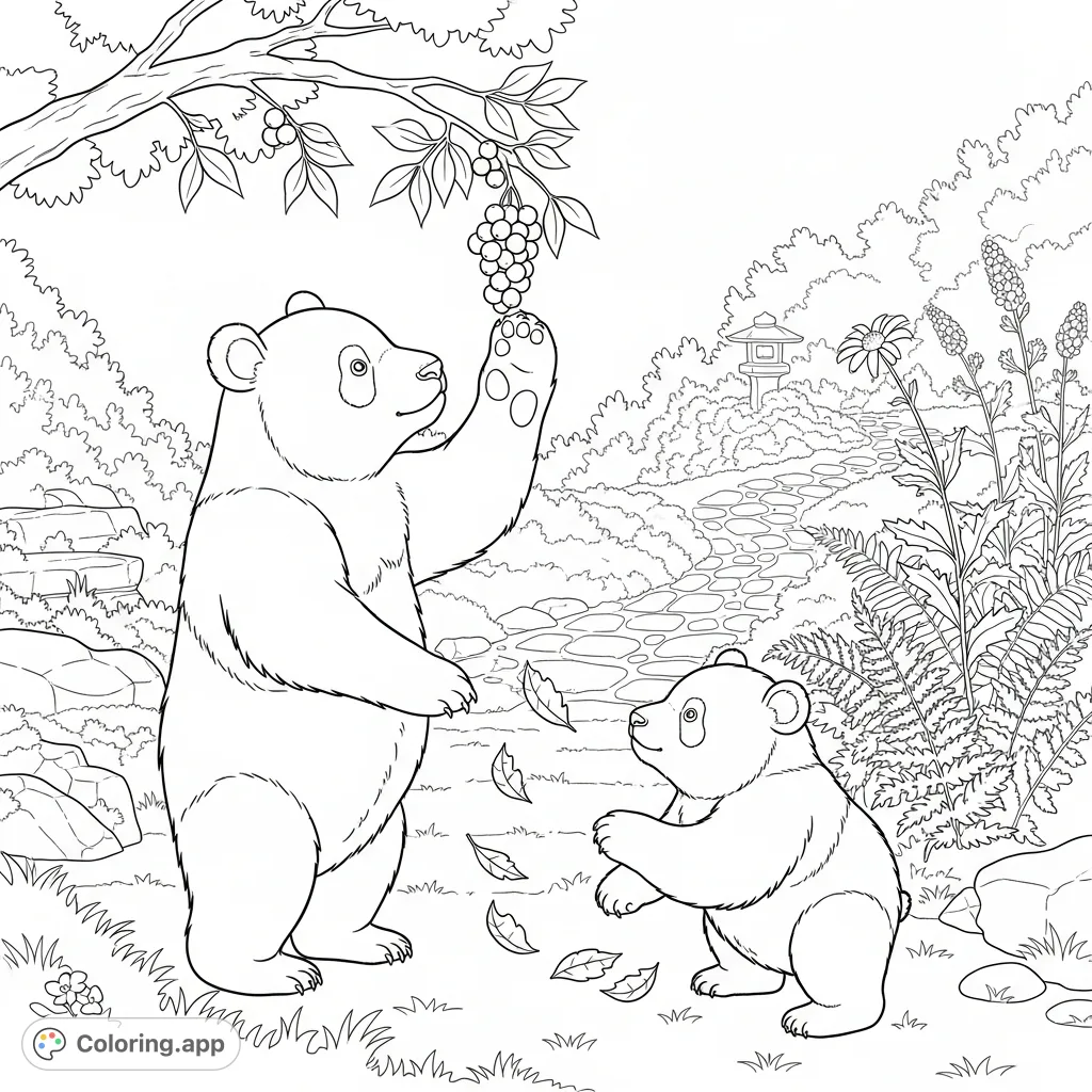 Discover a charming panda coloring page featuring an adult panda reaching for berries and a cub playing with leaves in a serene, sun-dappled garden.
