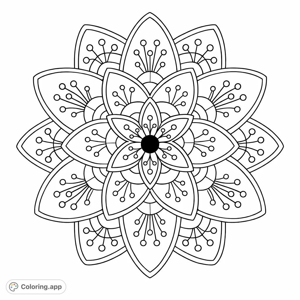 Dive into a stunning symmetrical floral mandala. Intricate petal layers with radiating patterns offer a relaxing and creative experience on this detailed design.