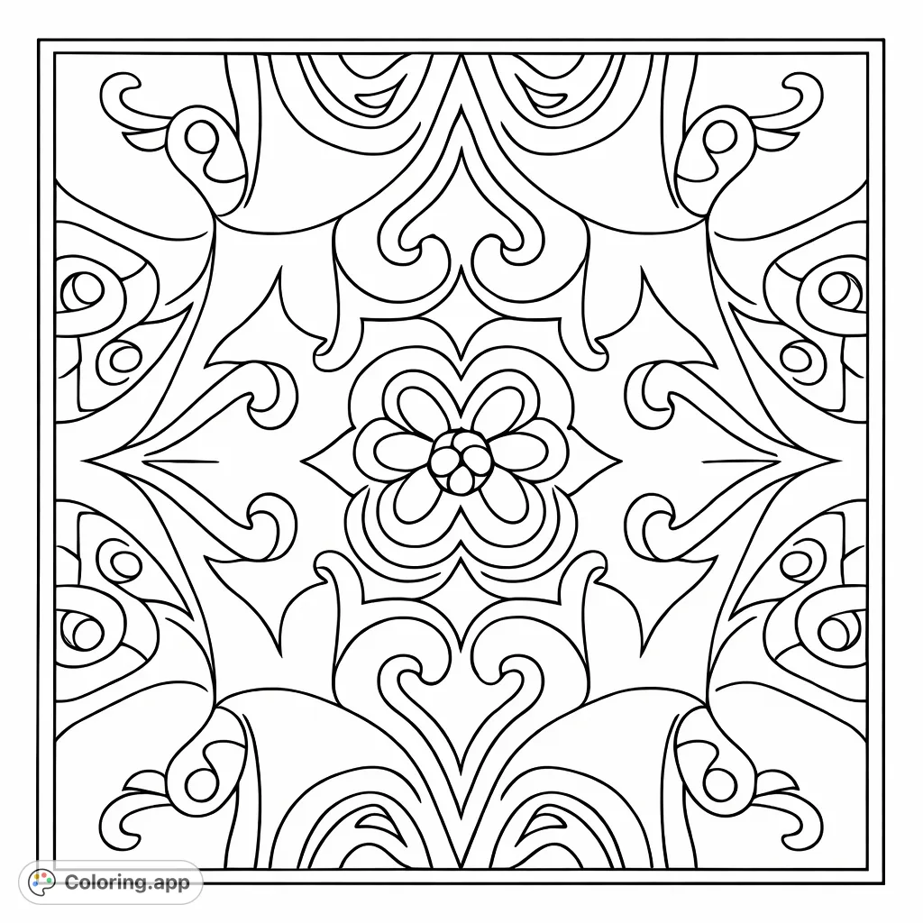Discover an intricate, symmetrical tile pattern featuring a central floral motif surrounded by elegant scrollwork and stylized leaf forms for a detailed coloring experience.