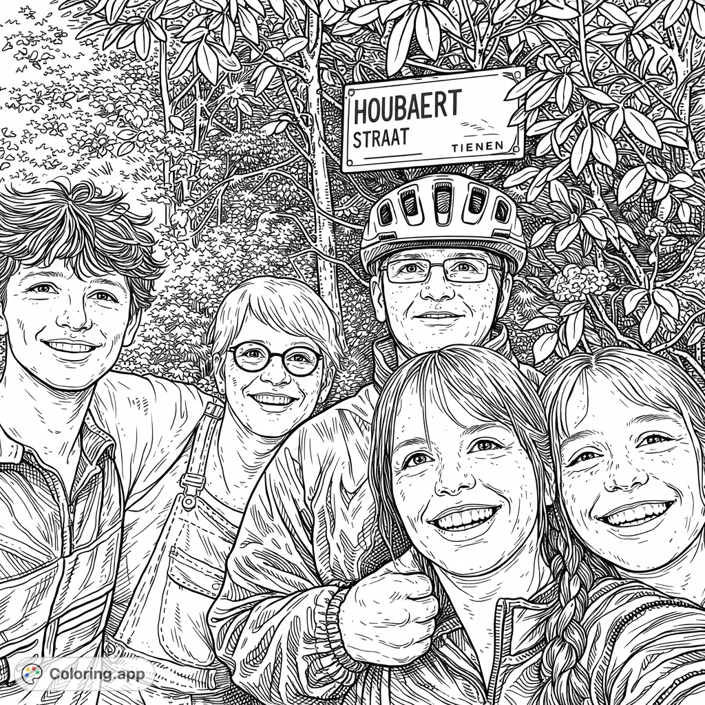 Color a happy family scene outdoors with five smiling faces, detailed foliage, and a vintage street sign. A delightful, detailed scene for all ages.