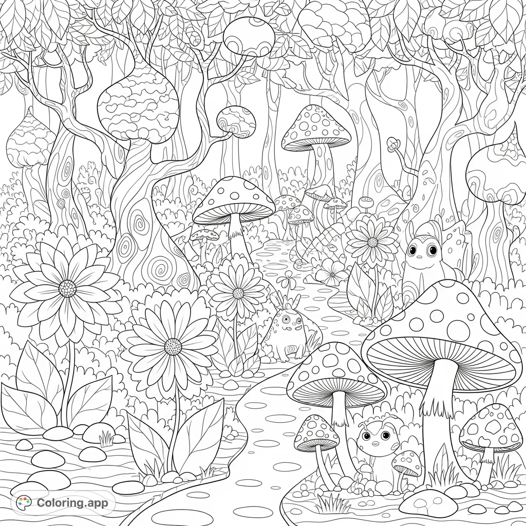 Explore a fantastical cartoon forest filled with whimsical trees, giant mushrooms, and playful creatures. A delightful and imaginative coloring experience awaits!